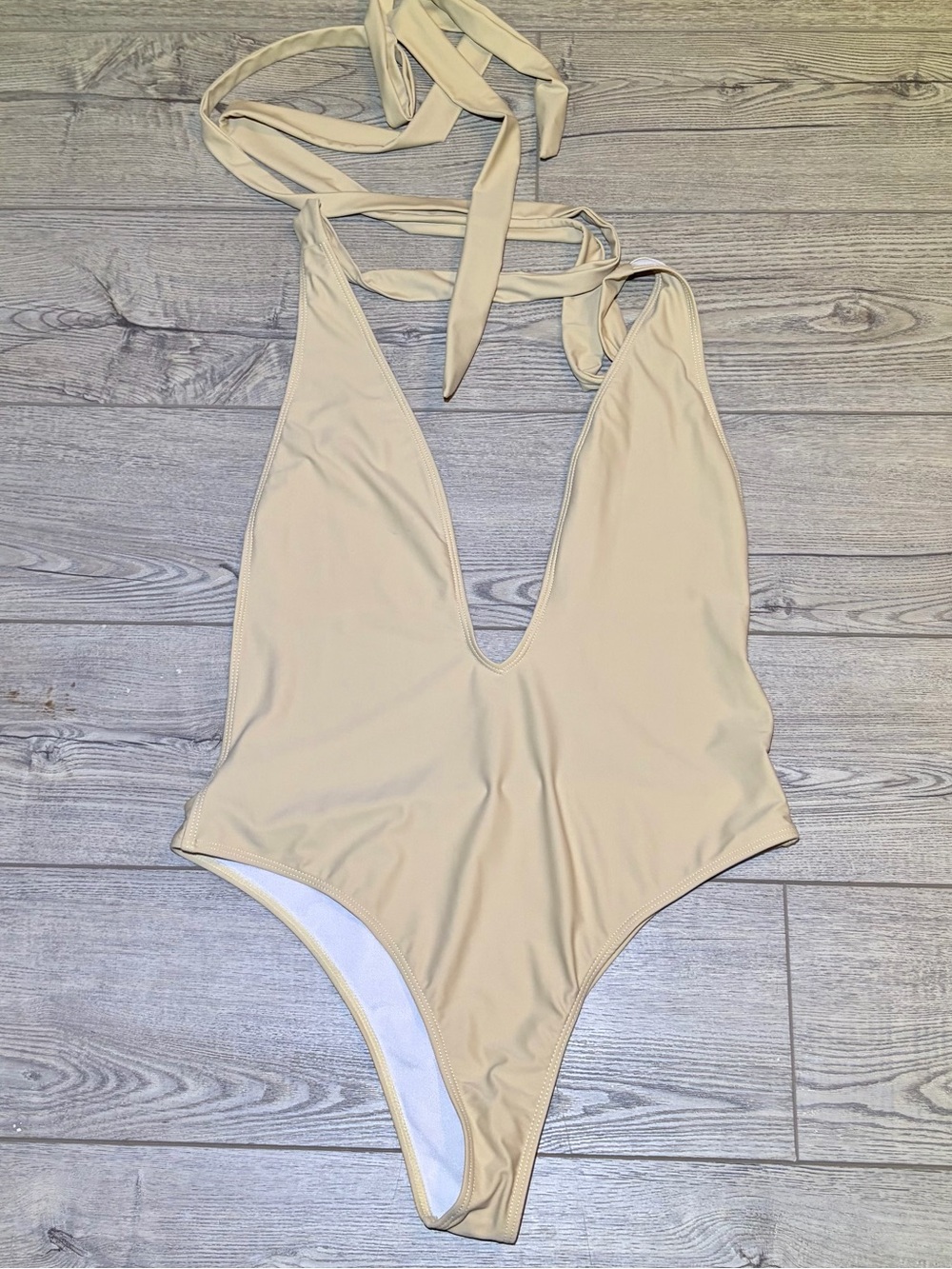 Plunging Deep V Sexy Halter Style Tan One-Piece Swimsuit. Size Med/Large